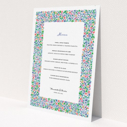 A wedding menu card design named 'The faraway garden'. It is an A5 menu in a portrait orientation. 'The faraway garden' is available as a flat menu, with tones of white and green.