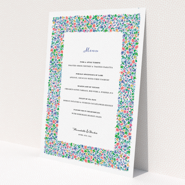 A wedding menu card design named "The faraway garden". It is an A5 menu in a portrait orientation. "The faraway garden" is available as a flat menu, with tones of white and green.