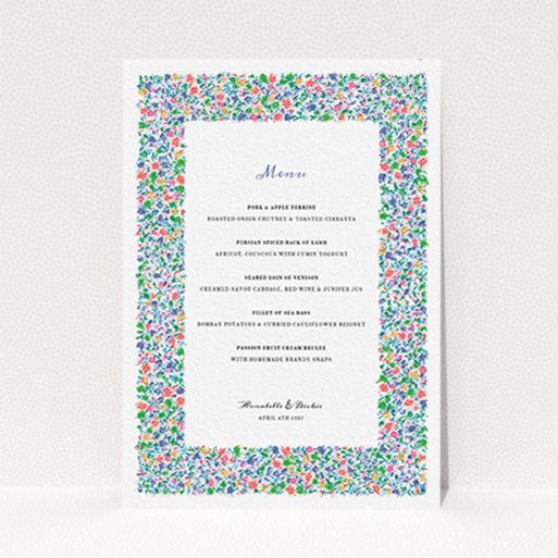 A wedding menu card called "The faraway garden". It is an A6 menu in a portrait orientation. "The faraway garden" is available as a flat menu, with tones of white and green.