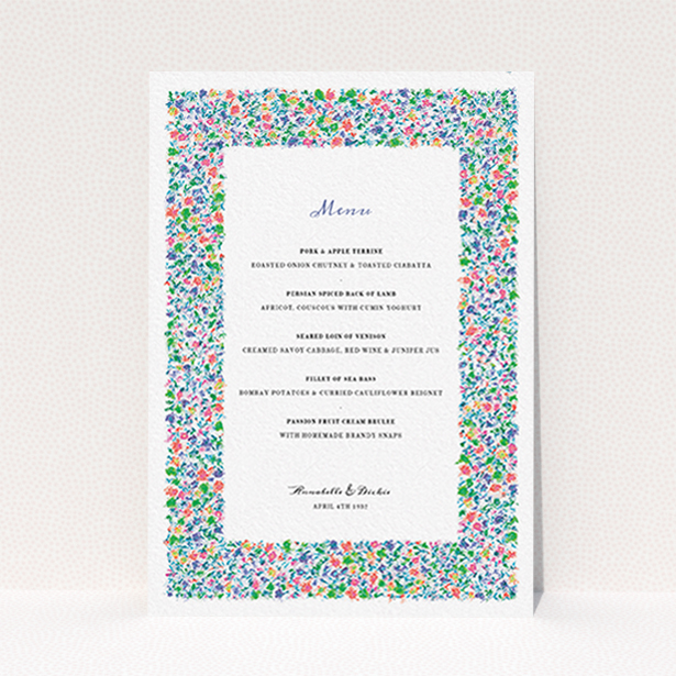 A wedding menu card called "The faraway garden". It is an A6 menu in a portrait orientation. "The faraway garden" is available as a flat menu, with tones of white and green.