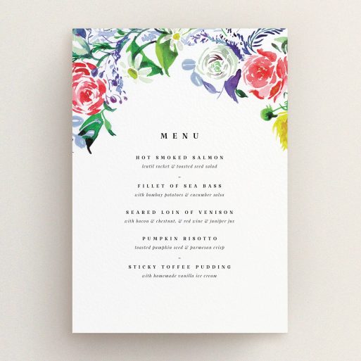 A wedding menu card called "The flowerbed". It is an A5 menu in a portrait orientation. "The flowerbed" is available as a flat menu, with tones of white and green.