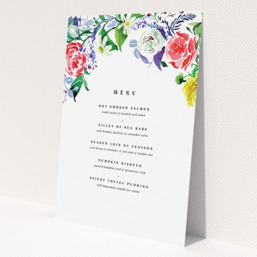 A wedding menu card called 'The flowerbed'. It is an A5 menu in a portrait orientation. 'The flowerbed' is available as a flat menu, with tones of white and green.