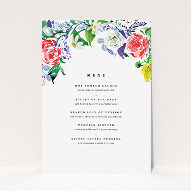 A wedding menu card design titled "The flowerbed". It is an A6 menu in a portrait orientation. "The flowerbed" is available as a flat menu, with tones of white and green.