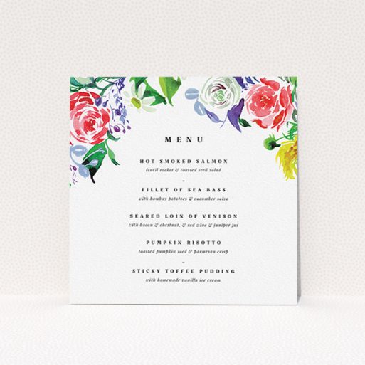 A wedding menu card called "The flowerbed". It is a square (148mm x 148mm) menu in a square orientation. "The flowerbed" is available as a flat menu, with tones of white and green.