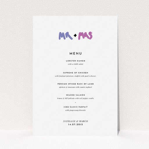 A wedding menu card design named "The New Mr and Mrs". It is an A5 menu in a portrait orientation. "The New Mr and Mrs" is available as a flat menu, with tones of white and blue.