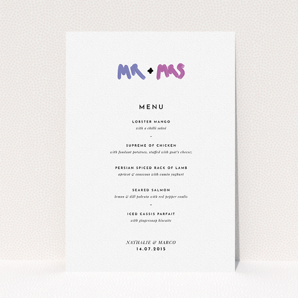 A wedding menu card design named "The New Mr and Mrs". It is an A5 menu in a portrait orientation. "The New Mr and Mrs" is available as a flat menu, with tones of white and blue.