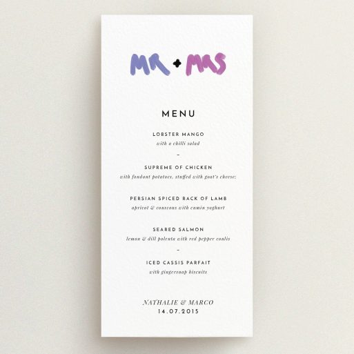 Wedding Menu Card Design - "The New Mr and Mrs" A wedding menu card design named "The New Mr and Mrs". It is a tall (DL) menu in a portrait orientation. "The New Mr and Mrs" is available as a flat menu, with tones of white and blue.