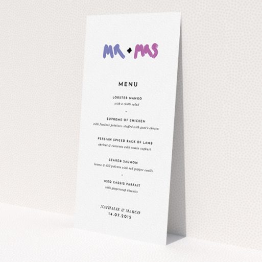 A wedding menu card design named 'The New Mr and Mrs'. It is a tall (DL) menu in a portrait orientation. 'The New Mr and Mrs' is available as a flat menu, with tones of white and blue.