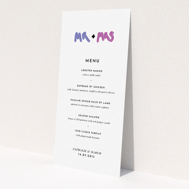 A wedding menu card design named "The New Mr and Mrs". It is a tall (DL) menu in a portrait orientation. "The New Mr and Mrs" is available as a flat menu, with tones of white and blue.