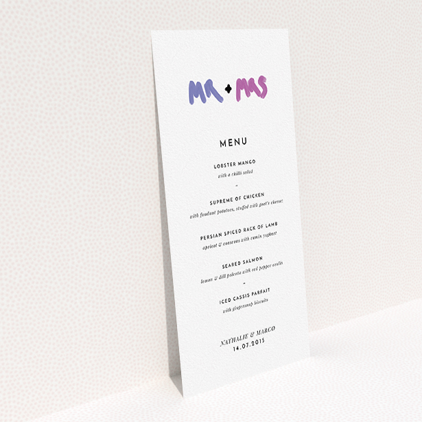 A wedding menu card design named "The New Mr and Mrs". It is a tall (DL) menu in a portrait orientation. "The New Mr and Mrs" is available as a flat menu, with tones of white and blue.