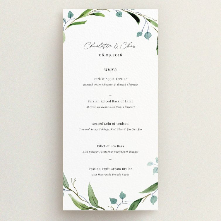 A wedding menu card design titled "Thin Watercolour Wreath". It is a tall (DL) menu in a portrait orientation. "Thin Watercolour Wreath" is available as a flat menu, with tones of blue and green.