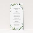 A wedding menu card design titled "Thin Watercolour Wreath". It is a tall (DL) menu in a portrait orientation. "Thin Watercolour Wreath" is available as a flat menu, with tones of blue and green.