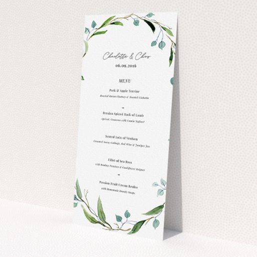 A wedding menu card design titled 'Thin Watercolour Wreath'. It is a tall (DL) menu in a portrait orientation. 'Thin Watercolour Wreath' is available as a flat menu, with tones of blue and green.