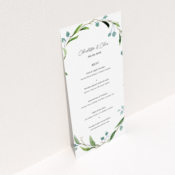 A wedding menu card design titled "Thin Watercolour Wreath". It is a tall (DL) menu in a portrait orientation. "Thin Watercolour Wreath" is available as a flat menu, with tones of blue and green.