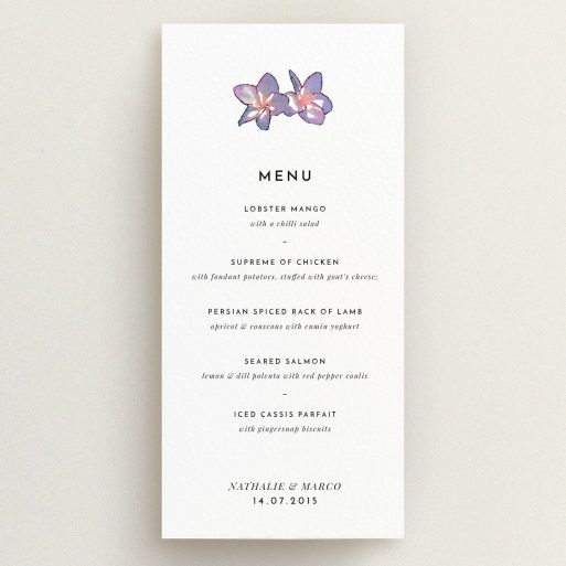 Wedding Menu Card Design - "Two little orchids" A wedding menu card design called "Two little orchids". It is a tall (DL) menu in a portrait orientation. "Two little orchids" is available as a flat menu, with tones of white and purple.