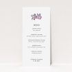 A wedding menu card design called "Two little orchids". It is a tall (DL) menu in a portrait orientation. "Two little orchids" is available as a flat menu, with tones of white and purple.