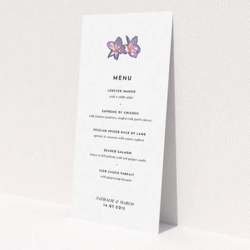 A wedding menu card design called 'Two little orchids'. It is a tall (DL) menu in a portrait orientation. 'Two little orchids' is available as a flat menu, with tones of white and purple.