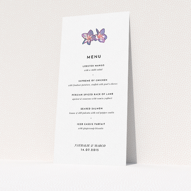 A wedding menu card design called "Two little orchids". It is a tall (DL) menu in a portrait orientation. "Two little orchids" is available as a flat menu, with tones of white and purple.