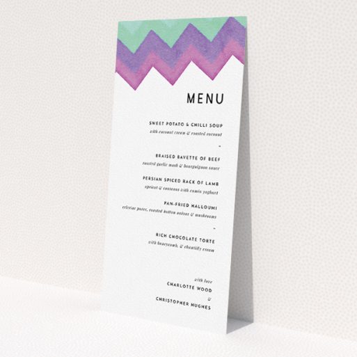 A wedding menu card design named 'Vibrant Peaks'. It is a tall (DL) menu in a portrait orientation. 'Vibrant Peaks' is available as a flat menu, with tones of white, green and purple.