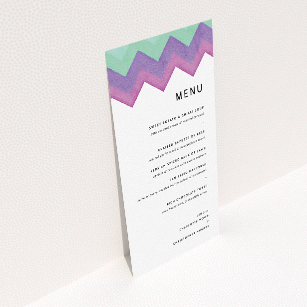 A wedding menu card design named "Vibrant Peaks". It is a tall (DL) menu in a portrait orientation. "Vibrant Peaks" is available as a flat menu, with tones of white, green and purple.