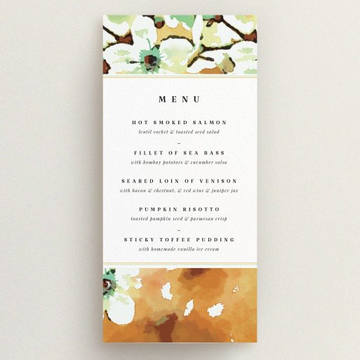 A wedding menu card design named "Vintage Blossom". It is a tall (DL) menu in a portrait orientation. "Vintage Blossom" is available as a flat menu, with tones of white and mint green.