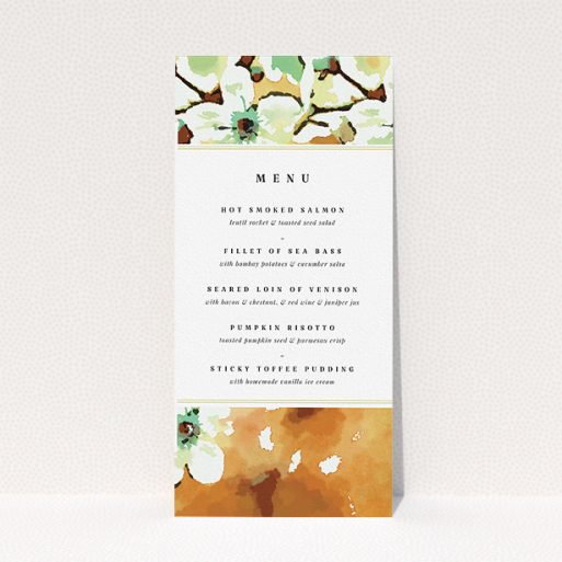 A wedding menu card design named "Vintage Blossom". It is a tall (DL) menu in a portrait orientation. "Vintage Blossom" is available as a flat menu, with tones of white and mint green.