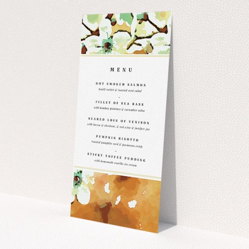 A wedding menu card design named 'Vintage Blossom'. It is a tall (DL) menu in a portrait orientation. 'Vintage Blossom' is available as a flat menu, with tones of white and mint green.