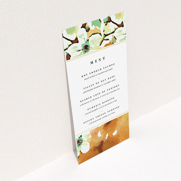 A wedding menu card design named "Vintage Blossom". It is a tall (DL) menu in a portrait orientation. "Vintage Blossom" is available as a flat menu, with tones of white and mint green.