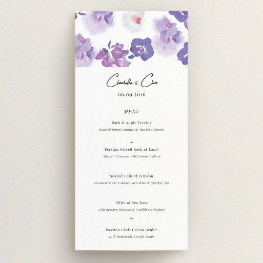 Wedding Menu Card Design - "Violet Explosion" A wedding menu card design named "Violet Explosion". It is a tall (DL) menu in a portrait orientation. "Violet Explosion" is available as a flat menu, with mainly purple/dark pink colouring.