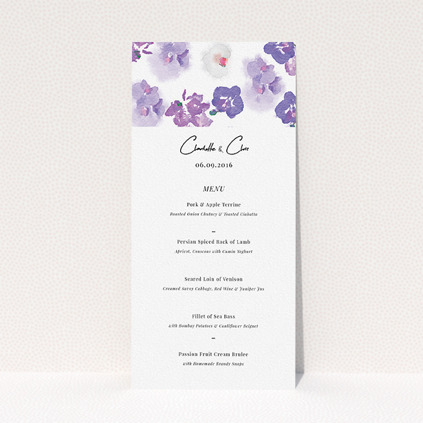 A wedding menu card design named "Violet Explosion". It is a tall (DL) menu in a portrait orientation. "Violet Explosion" is available as a flat menu, with mainly purple/dark pink colouring.