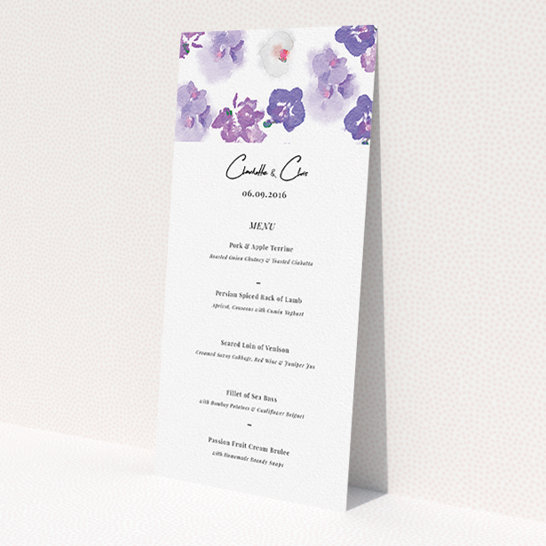 A wedding menu card design named 'Violet Explosion'. It is a tall (DL) menu in a portrait orientation. 'Violet Explosion' is available as a flat menu, with mainly purple/dark pink colouring.
