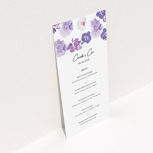 A wedding menu card design named "Violet Explosion". It is a tall (DL) menu in a portrait orientation. "Violet Explosion" is available as a flat menu, with mainly purple/dark pink colouring.