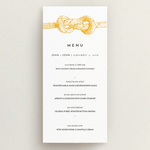 Wedding Menu Card Design - "We tied the knot" A wedding menu card named "We tied the knot". It is a tall (DL) menu in a portrait orientation. "We tied the knot" is available as a flat menu, with tones of orange and white.