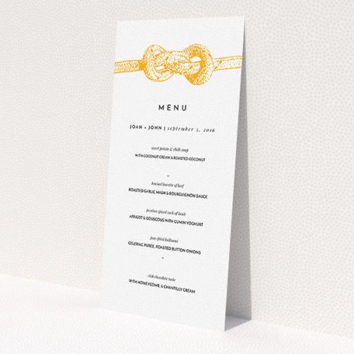 A wedding menu card named 'We tied the knot'. It is a tall (DL) menu in a portrait orientation. 'We tied the knot' is available as a flat menu, with tones of orange and white.