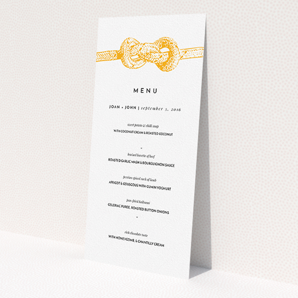 A wedding menu card named "We tied the knot". It is a tall (DL) menu in a portrait orientation. "We tied the knot" is available as a flat menu, with tones of orange and white.