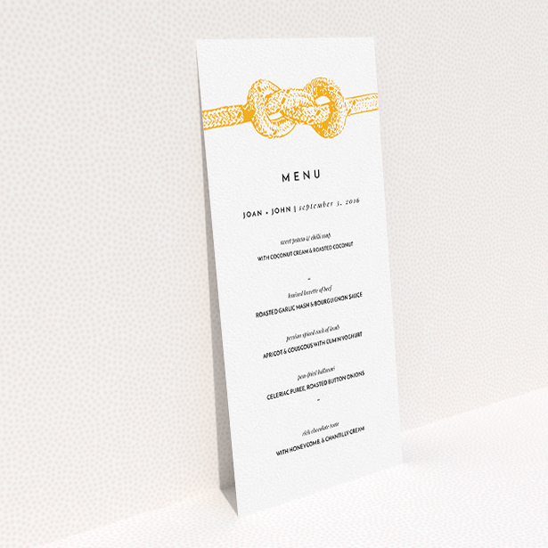 A wedding menu card named "We tied the knot". It is a tall (DL) menu in a portrait orientation. "We tied the knot" is available as a flat menu, with tones of orange and white.