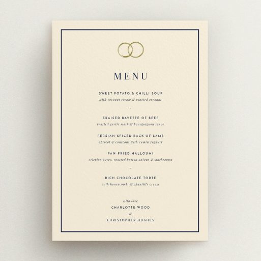 Wedding Reception Menu - Wedding Bands (Cream) A wedding menu card design called "Wedding bands". It is an A5 menu in a portrait orientation. "Wedding bands" is available as a flat menu, with tones of cream and gold.