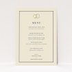 A wedding menu card design called "Wedding bands". It is an A5 menu in a portrait orientation. "Wedding bands" is available as a flat menu, with tones of cream and gold.