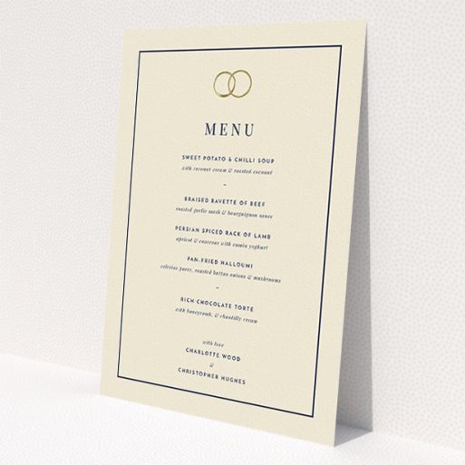 A wedding menu card design called 'Wedding bands'. It is an A5 menu in a portrait orientation. 'Wedding bands' is available as a flat menu, with tones of cream and gold.