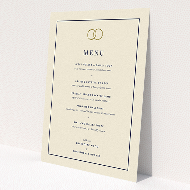 A wedding menu card design called "Wedding bands". It is an A5 menu in a portrait orientation. "Wedding bands" is available as a flat menu, with tones of cream and gold.