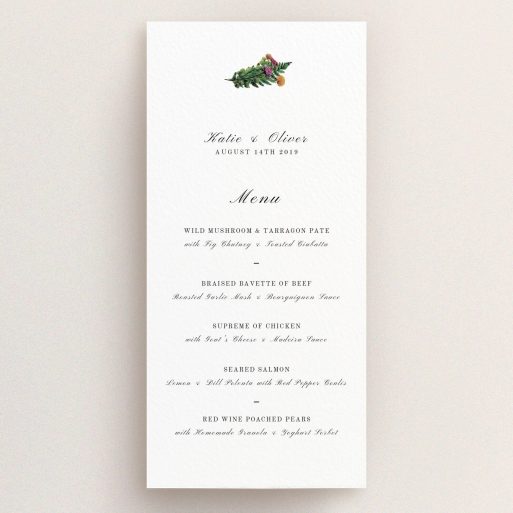 Wedding Menu Card Design - "Winter Bouquet" A wedding menu card design named "Winter Bouquet". It is a tall (DL) menu in a portrait orientation. "Winter Bouquet" is available as a flat menu, with tones of white and green.