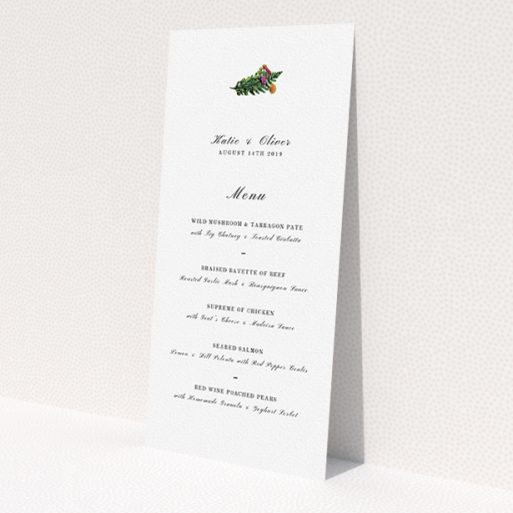 A wedding menu card design named 'Winter Bouquet'. It is a tall (DL) menu in a portrait orientation. 'Winter Bouquet' is available as a flat menu, with tones of white and green.