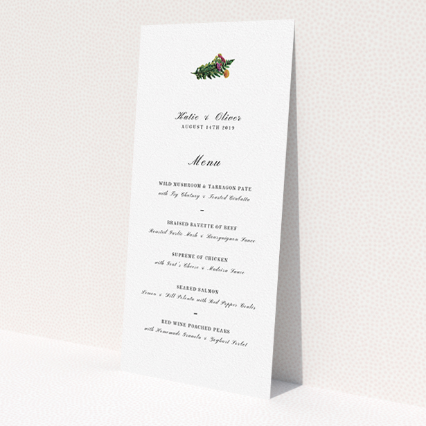 A wedding menu card design named "Winter Bouquet". It is a tall (DL) menu in a portrait orientation. "Winter Bouquet" is available as a flat menu, with tones of white and green.