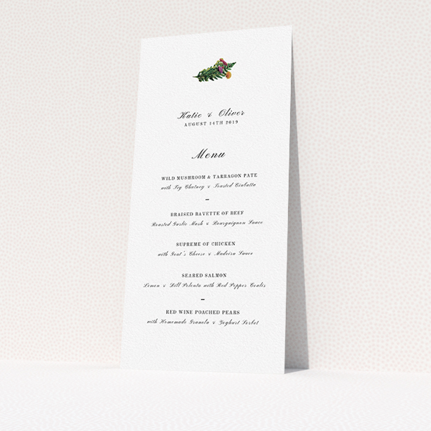 A wedding menu card design named "Winter Bouquet". It is a tall (DL) menu in a portrait orientation. "Winter Bouquet" is available as a flat menu, with tones of white and green.