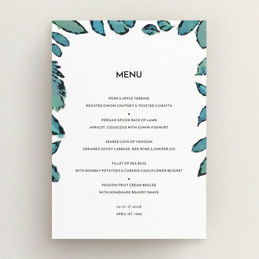 Wedding Menu Card Design - "Woodland Flourish" A wedding menu card design called "Woodland Flourish". It is an A5 menu in a portrait orientation. "Woodland Flourish" is available as a flat menu, with tones of green and white.