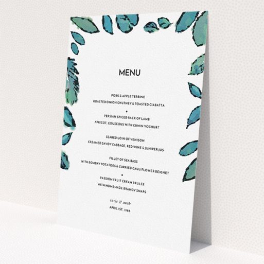 A wedding menu card design called 'Woodland Flourish'. It is an A5 menu in a portrait orientation. 'Woodland Flourish' is available as a flat menu, with tones of green and white.