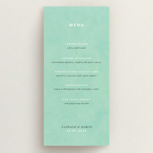 Wedding Menu Card Design - "Worn Green" A wedding menu card named "Worn Green". It is a tall (DL) menu in a portrait orientation. "Worn Green" is available as a flat menu, with tones of green and white.