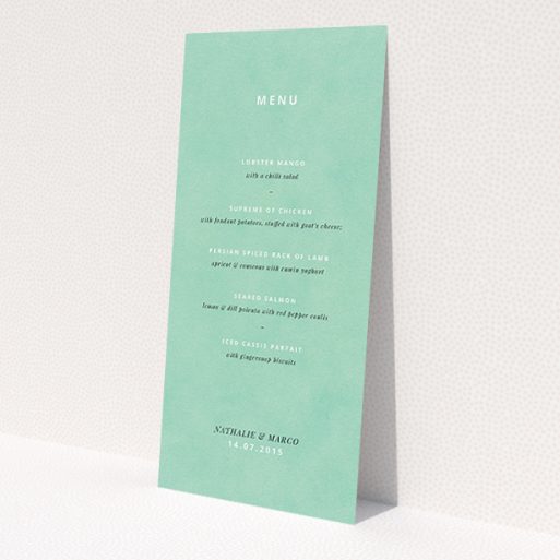 A wedding menu card named 'Worn Green'. It is a tall (DL) menu in a portrait orientation. 'Worn Green' is available as a flat menu, with tones of green and white.