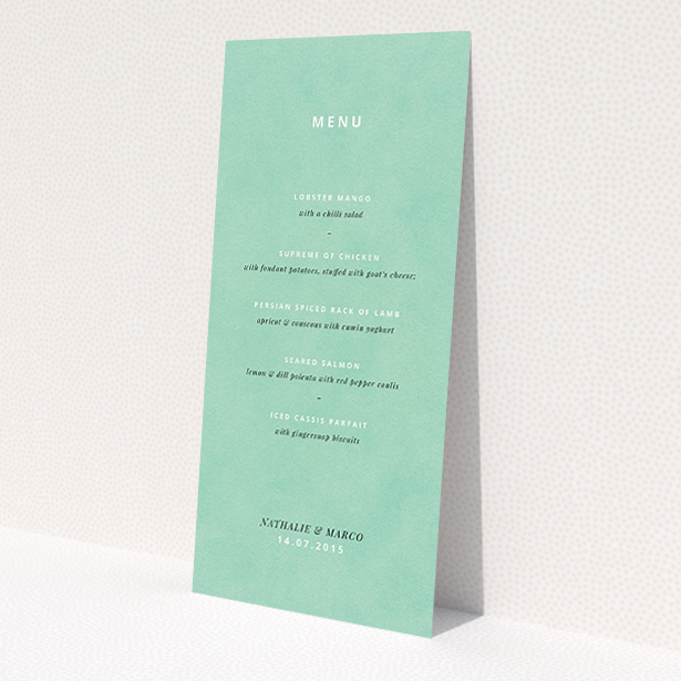 A wedding menu card named "Worn Green". It is a tall (DL) menu in a portrait orientation. "Worn Green" is available as a flat menu, with tones of green and white.