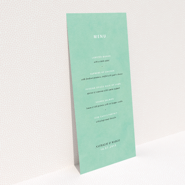 A wedding menu card named "Worn Green". It is a tall (DL) menu in a portrait orientation. "Worn Green" is available as a flat menu, with tones of green and white.